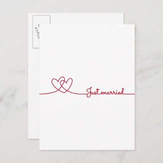 Net getrouwd, twee rode hartjes lijn tekening aankondigingskaart (Voorkant / Achterkant)