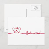 Net getrouwd, twee rode hartjes lijn tekening aankondigingskaart (Voorkant / Achterkant)