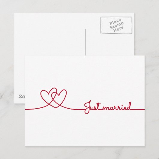 Net getrouwd, twee rode hartjes lijn tekening aankondigingskaart (Voorkant / Achterkant)
