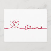 Net getrouwd, twee rode hartjes lijn tekening aankondigingskaart (Voorkant)