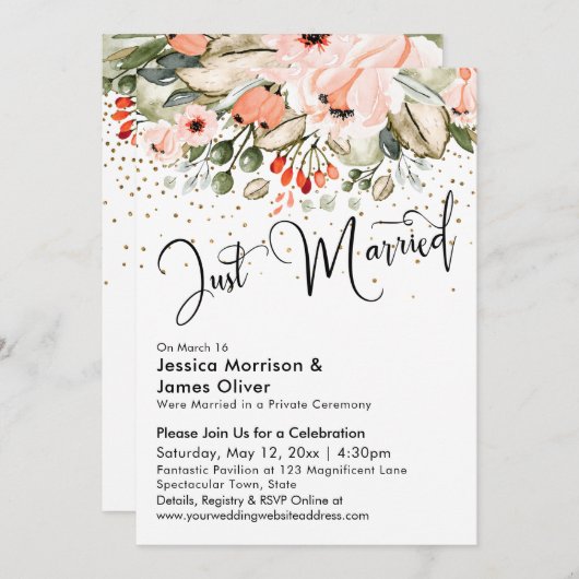 Net Getrouwd Typografie Blush Bloemengoud Confetti Kaart (Voorkant / Achterkant)