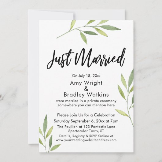 Net Getrouwd Typografie Groene Aquarel Lofwerk Kaart (Voorkant)