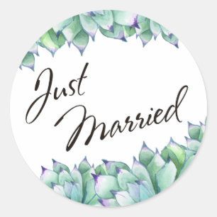 Net Getrouwd Typografie met Waterverf Succulenten Ronde Sticker