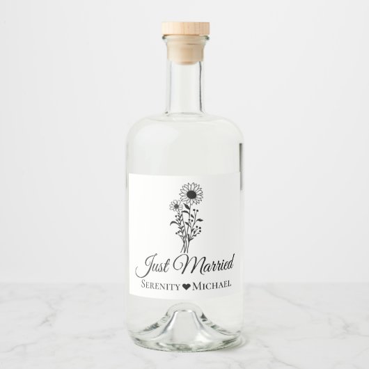 Net getrouwd Zonnebloem Huwelijk Rustieke Wildflow Likeurfles Etiket (Voorkant)