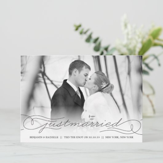 Net getrouwd zwart bruiloft aankondiging foto kaar (Staand voorkant)
