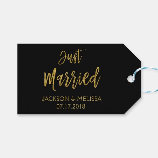 Net getrouwd zwart en goud folie polka dots cadeaulabel (Voorkant (Horizontaal))