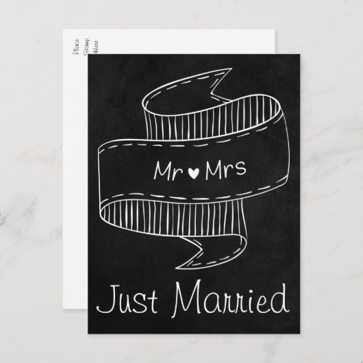 Net getrouwd zwart-wit schoolbord bruiloft aankondigingskaart (Voorkant / Achterkant)