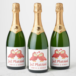 Net Getrouwde Liefdesvogels Rode Bourgogne Trouwen Sparkling Wijnetiket