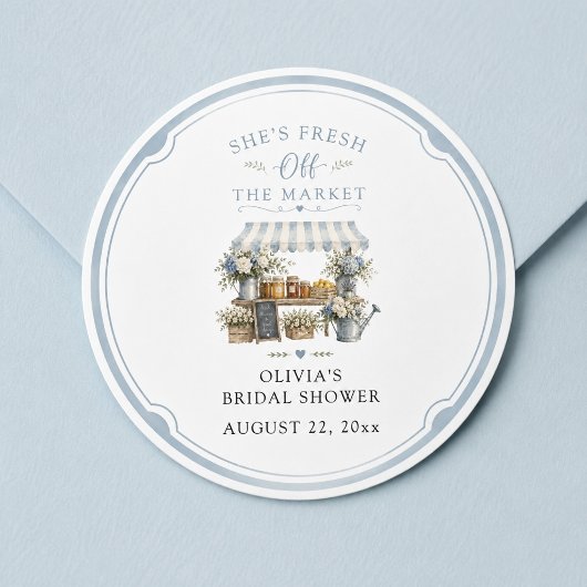 Net Van De Markt Bruidsdouche Blauw En Wit Ronde Sticker