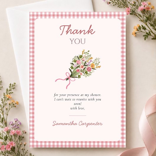 Net van de markt roze gingham bruidsdouche bedankkaart