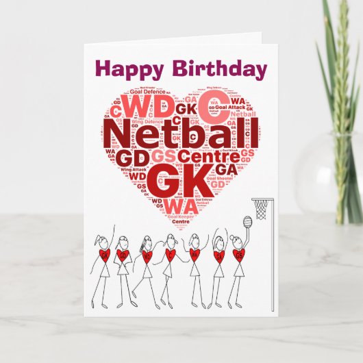 Netball hartposities gelukkige verjaardag kaart (Voorkant)