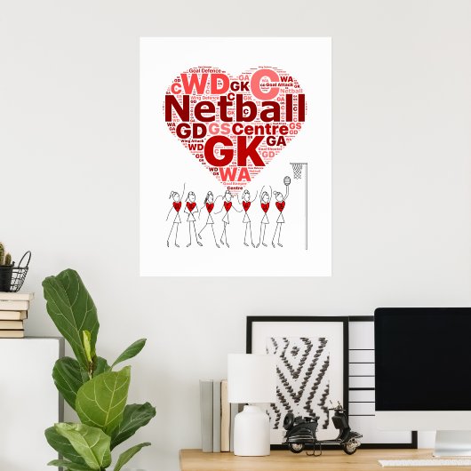 Netball Posities Typografie Hart Design Poster (Thuiskantoor)