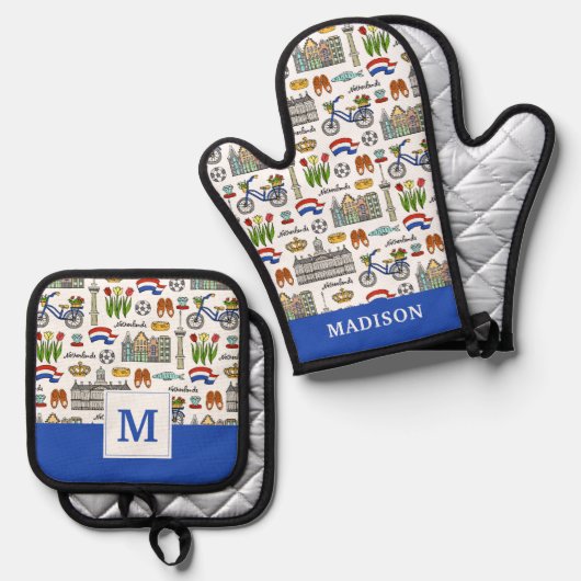 Netherland Doodle Pattern Ovenwant & Pannenlap Set (Voorkant / Achterkant)