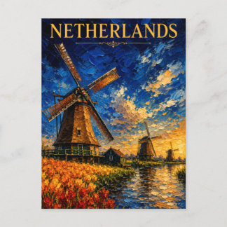 Netherlands: Golden Sunset Windmill Art Souvenir Briefkaart
