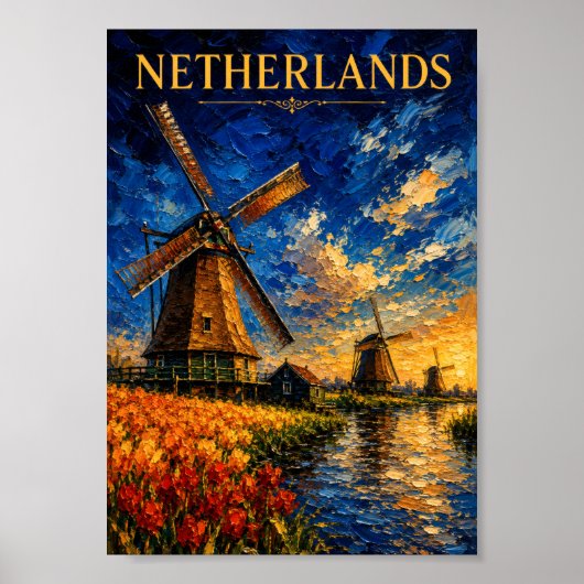 Netherlands: Golden Sunset Windmill Art Souvenir Poster (Voorkant)