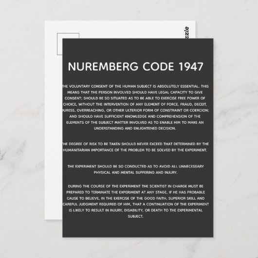 Neurenberg-code. Acryldruk Briefkaart (Voorkant / Achterkant)