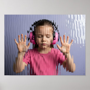 Neurodivergent kind meisje met roze hoofdtelefoon  poster