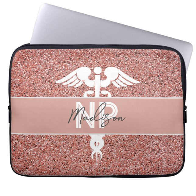 Neurse arts roze Glitter Caduceus Monogram Laptop Sleeve (Voorkant)