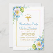 Neurse Blue Floral Gold Afstudeerder Party Uitnodi Kaart (Voorkant)