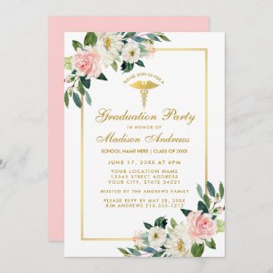 Neurse GraduPartij Roze Floral Gold Invite P Kaart