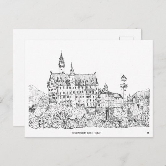 Neuschwanstein Castle Germany Fine Line Art Briefkaart (Voorkant / Achterkant)