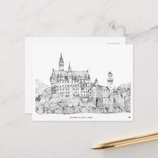 Neuschwanstein Castle Germany Fine Line Art Briefkaart (Voorkant / Achterkant in situ)