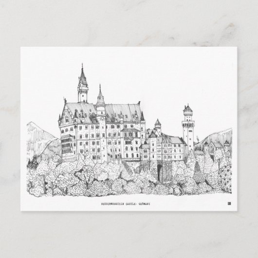Neuschwanstein Castle Germany Fine Line Art Briefkaart (Voorkant)