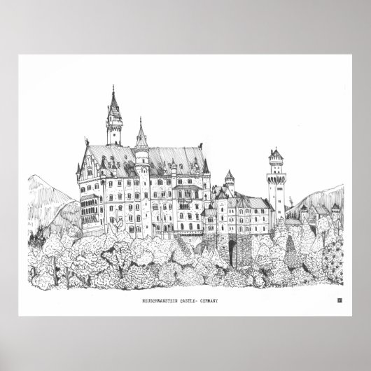 Neuschwanstein Castle Germany Fine Line Art Poster (Voorkant)