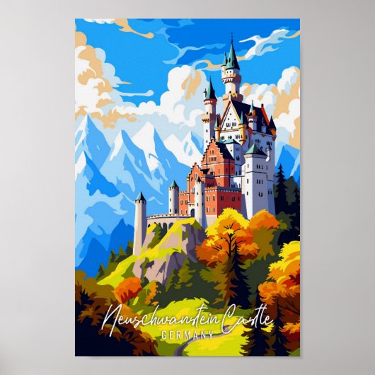 Neuschwanstein Castle vintage reisillustratie Poster (Voorkant)