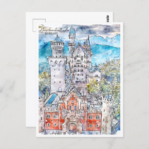 Neuschwastein Castle Duitsland Reis Waterverf Briefkaart