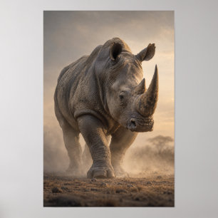 Neushoorn die door het stof loopt Wildlife Wandkun Poster