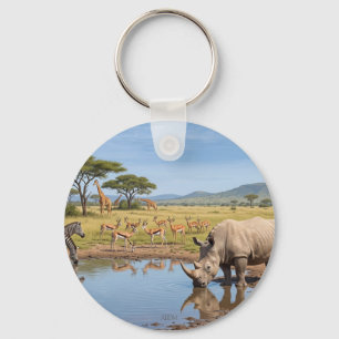 Neushoorn drinkend bij waterpoel in savanne Foto v Sleutelhanger