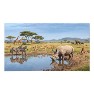 Neushoorn Drinkt Bij Waterpoel In Savanne Foto Ver Afdruk