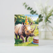 Neushoorn met verjaardagshoed in het Engelse platt Briefkaart (Staand voorkant)