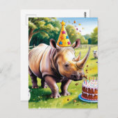 Neushoorn met verjaardagshoed op het Engelse platt Briefkaart (Voorkant / Achterkant)