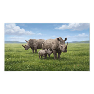Neushoornfamilie Wandelen In Groene Savanne Foto V Afdruk