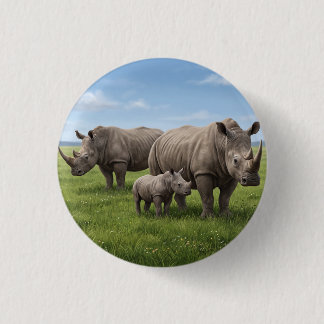 Neushoornfamilie Wandelen In Groene Savanne Foto V Ronde Button 3,2 Cm