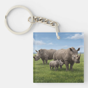 Neushoornfamilie Wandelen In Groene Savanne Foto V Sleutelhanger