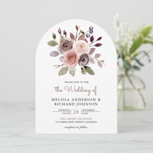 Neutraal aards taupe bloem alles in één bruiloft kaart (Staand voorkant)