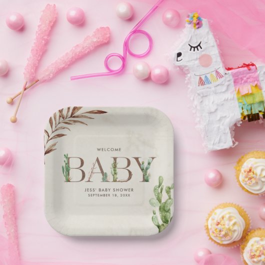 Neutraal Baby shower Cactus Leather Papieren Bordje (Feest)