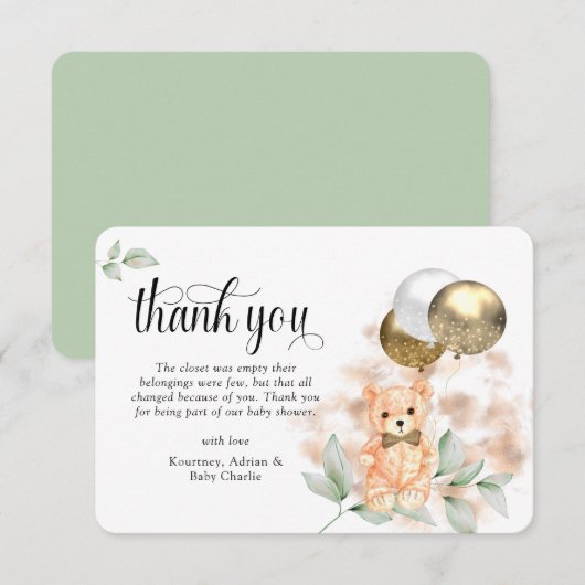 Neutraal Baby shower Cute Teddy Bear & Balloons Bedankkaart (Voorkant / Achterkant)