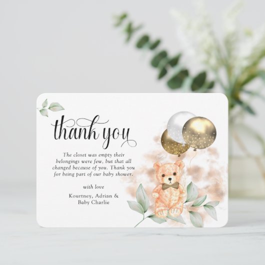 Neutraal Baby shower Cute Teddy Bear & Balloons Bedankkaart (Staand voorkant)