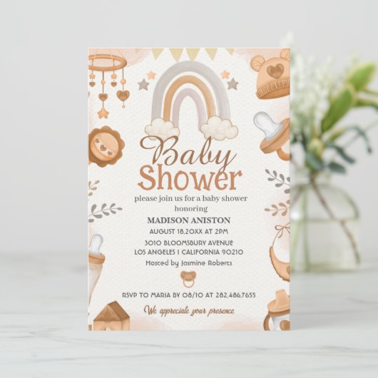 Neutraal Baby shower uitnodiging | Schattigee Boho (Staand voorkant)