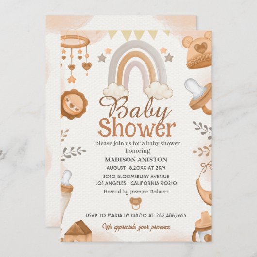 Neutraal Baby shower uitnodiging | Schattigee Boho (Voorkant / Achterkant)