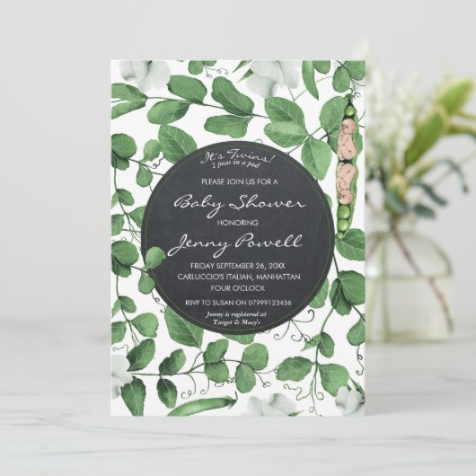 Neutraal baby shower uitnodiging tweeling erwten i (Staand voorkant)