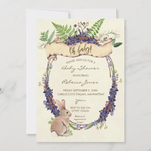 neutraal baby shower uitnodigingsbos konijnenbos kaart (Voorkant)