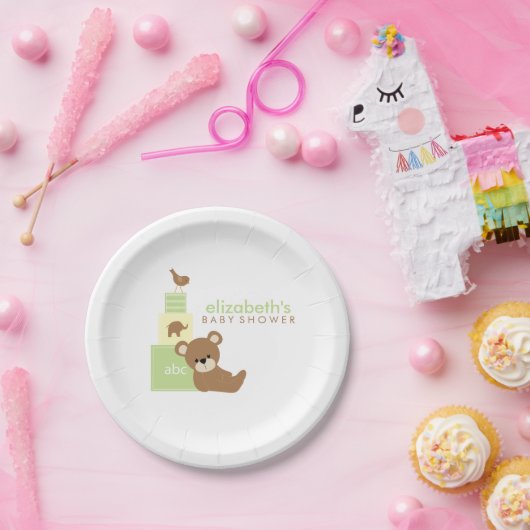 Neutraal Beer en Speelgoed Blokken Baby shower Papieren Bordje (Feest)