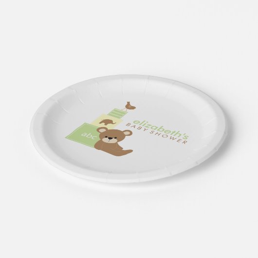 Neutraal Beer en Speelgoed Blokken Baby shower Papieren Bordje (Gekanteld)