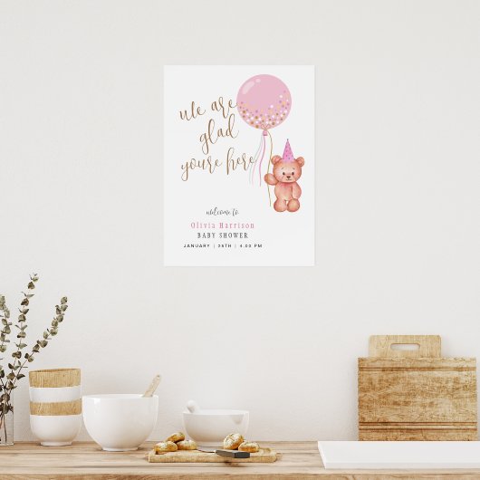 Neutraal Beer Roze Ballon Welkomstbord Baby shower Poster (Keuken)