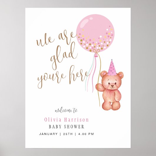 Neutraal Beer Roze Ballon Welkomstbord Baby shower Poster (Voorkant)